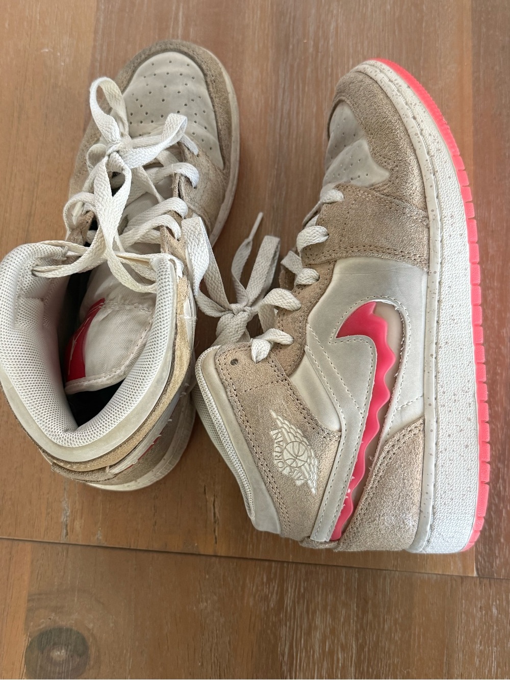 Air Jordan 1 Mid Tan Pink Sneakers Youth 3.5Y